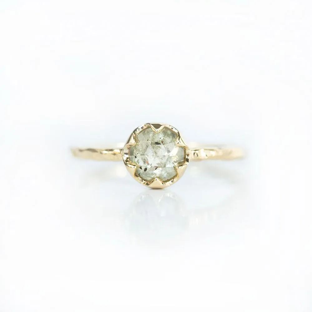 0.95ct Rosecut Green Grey Diamond 6-Prong Low Profile Ring with Evergreen Textured Band in Yellow Gold