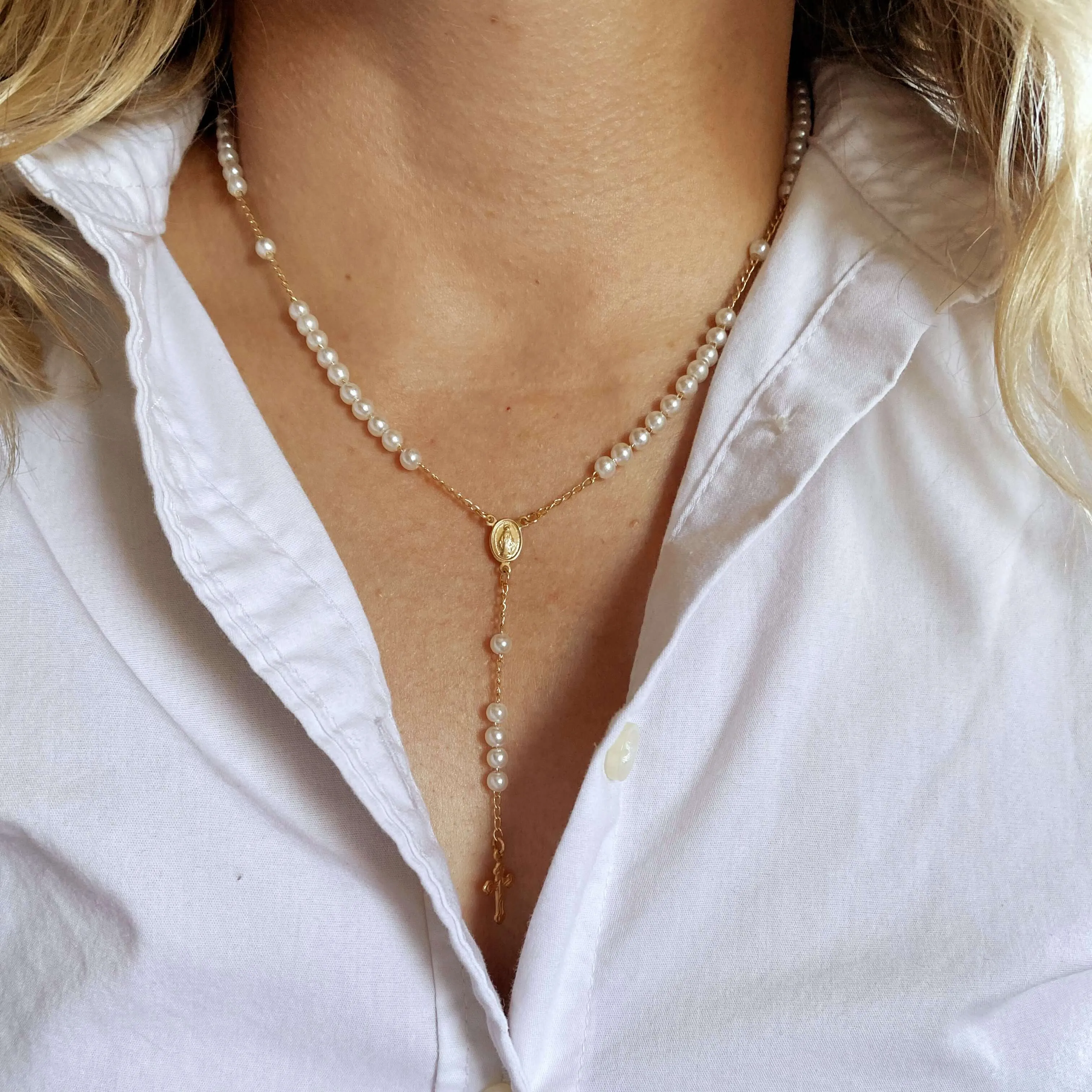 18k Gold Filled Our Lady of Graces Pearl Rosary Necklace