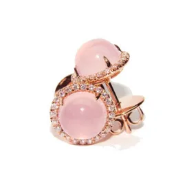 18K Pink Gold Rose Quartz Cabochon Studs Surrounded By Diamonds