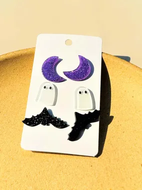 3Pcs Halloween Ghost Moon Bat Earrings Set