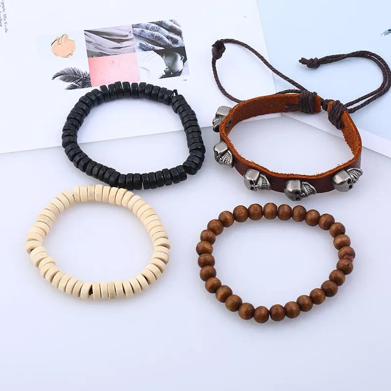 4 Pieces Brown Leather Stone and Wood Beads Skull Bracelet