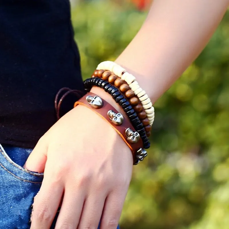 4 Pieces Brown Leather Stone and Wood Beads Skull Bracelet