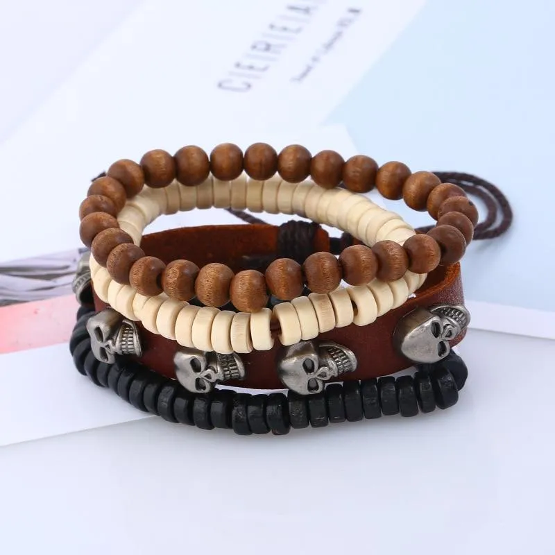 4 Pieces Brown Leather Stone and Wood Beads Skull Bracelet