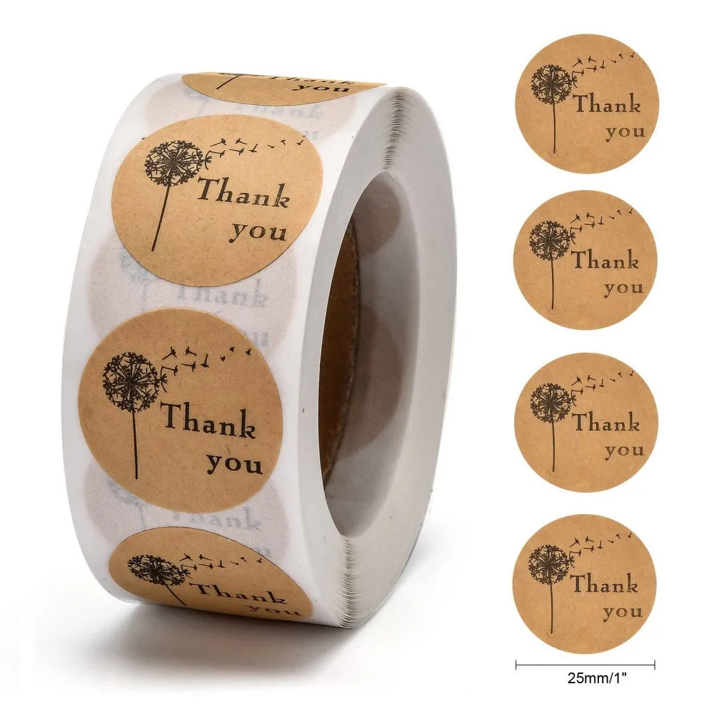 500 Package Stickers, Thank You with Dandelion, 1 round, pap0160