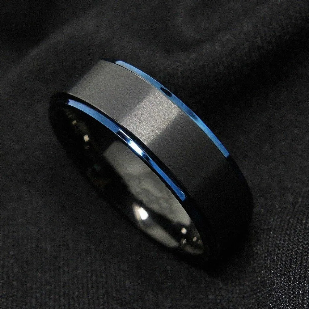 6/8mm Black Carbide Wedding Band Ring with Blue Edge