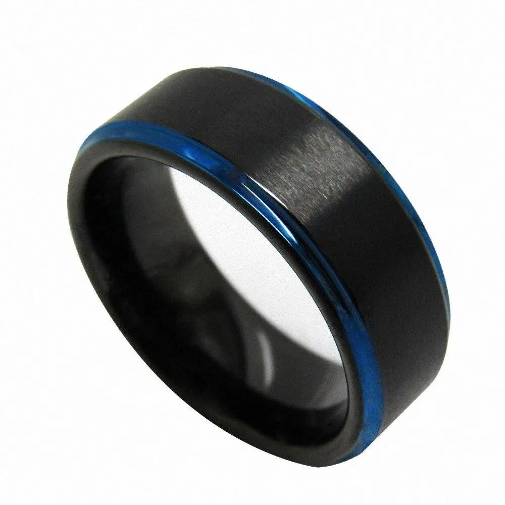 6/8mm Black Carbide Wedding Band Ring with Blue Edge