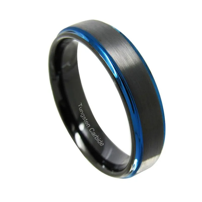 6/8mm Black Carbide Wedding Band Ring with Blue Edge