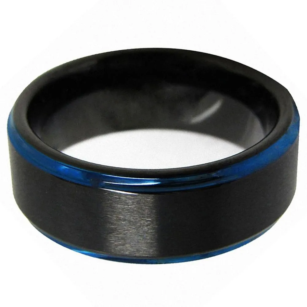 6/8mm Black Carbide Wedding Band Ring with Blue Edge