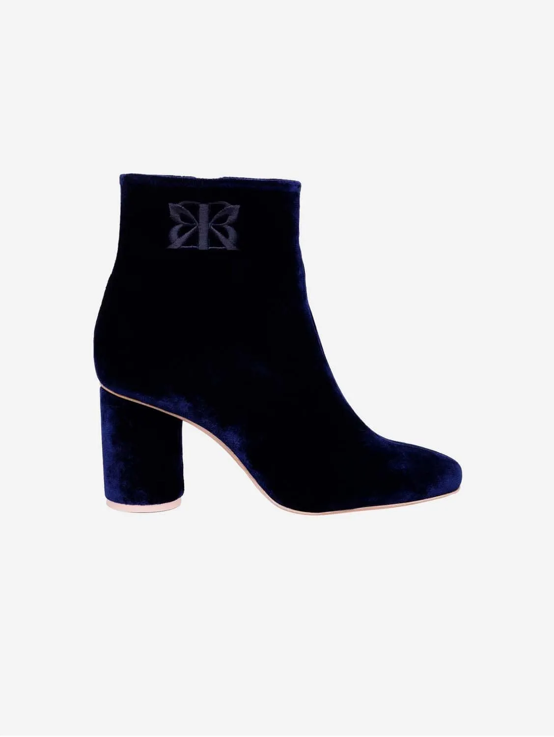 6pm Expo at the Gallery Vegan Velvet Heeled Boots | Midnight Blue