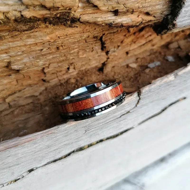 8mm Black Cubic Zirconia with Koa Wood Inlay and Silver-Plated Tungsten Carbide Wedding Ring