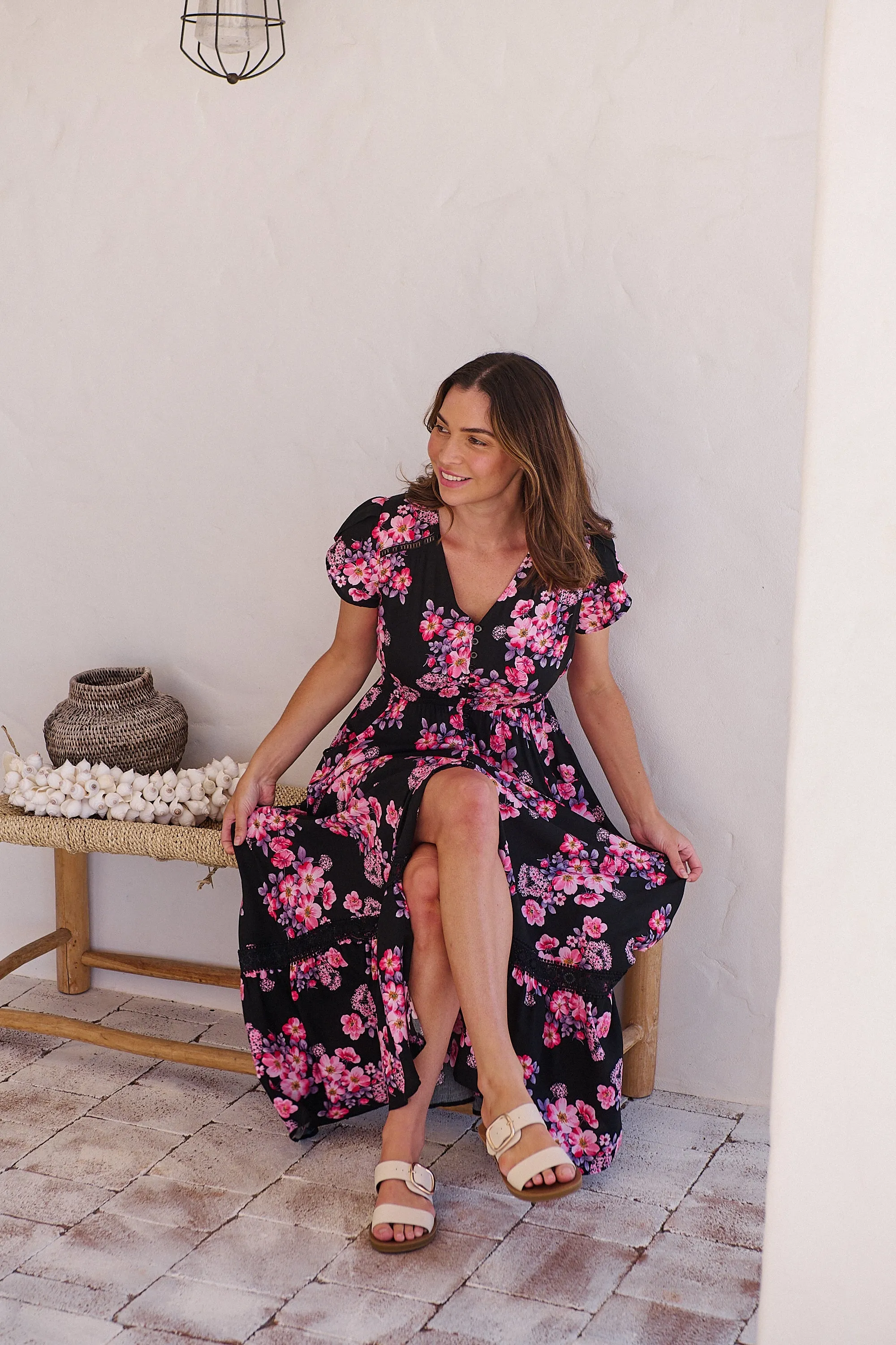 Augustina Black/HOT Pink Floral Button Front Maxi Dress