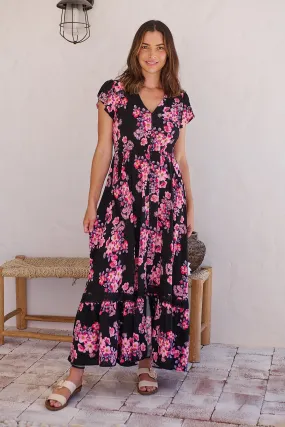 Augustina Black/HOT Pink Floral Button Front Maxi Dress