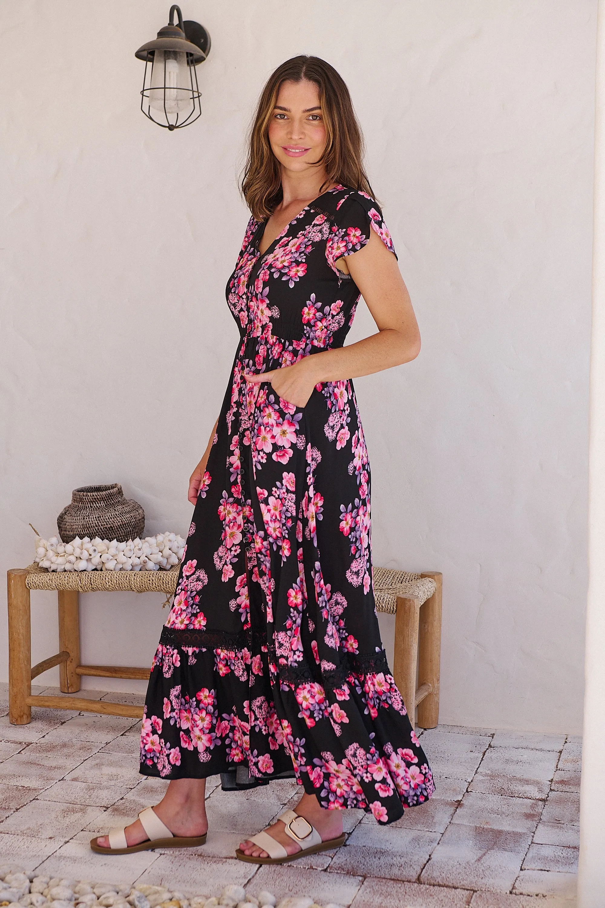 Augustina Black/HOT Pink Floral Button Front Maxi Dress