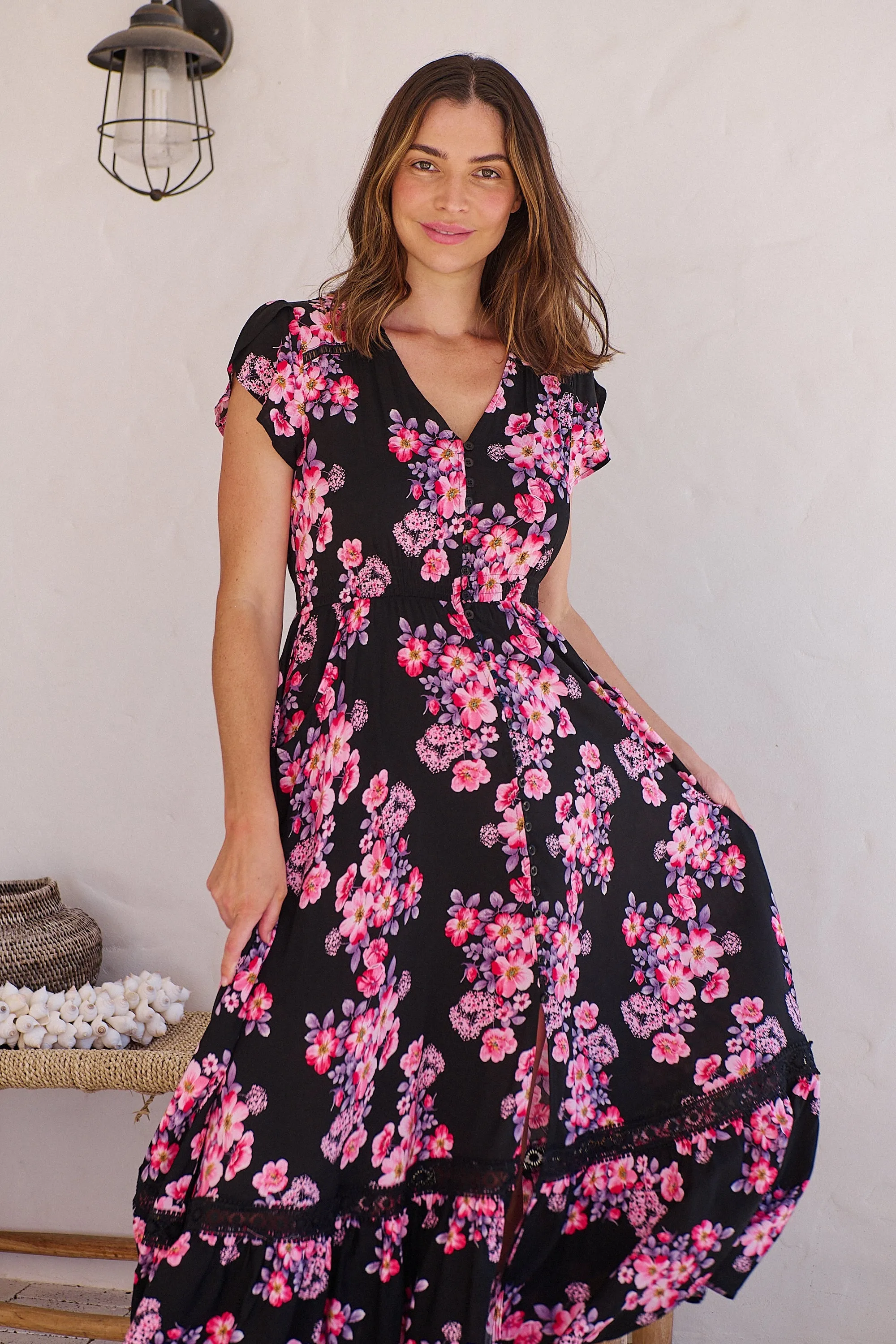 Augustina Black/HOT Pink Floral Button Front Maxi Dress