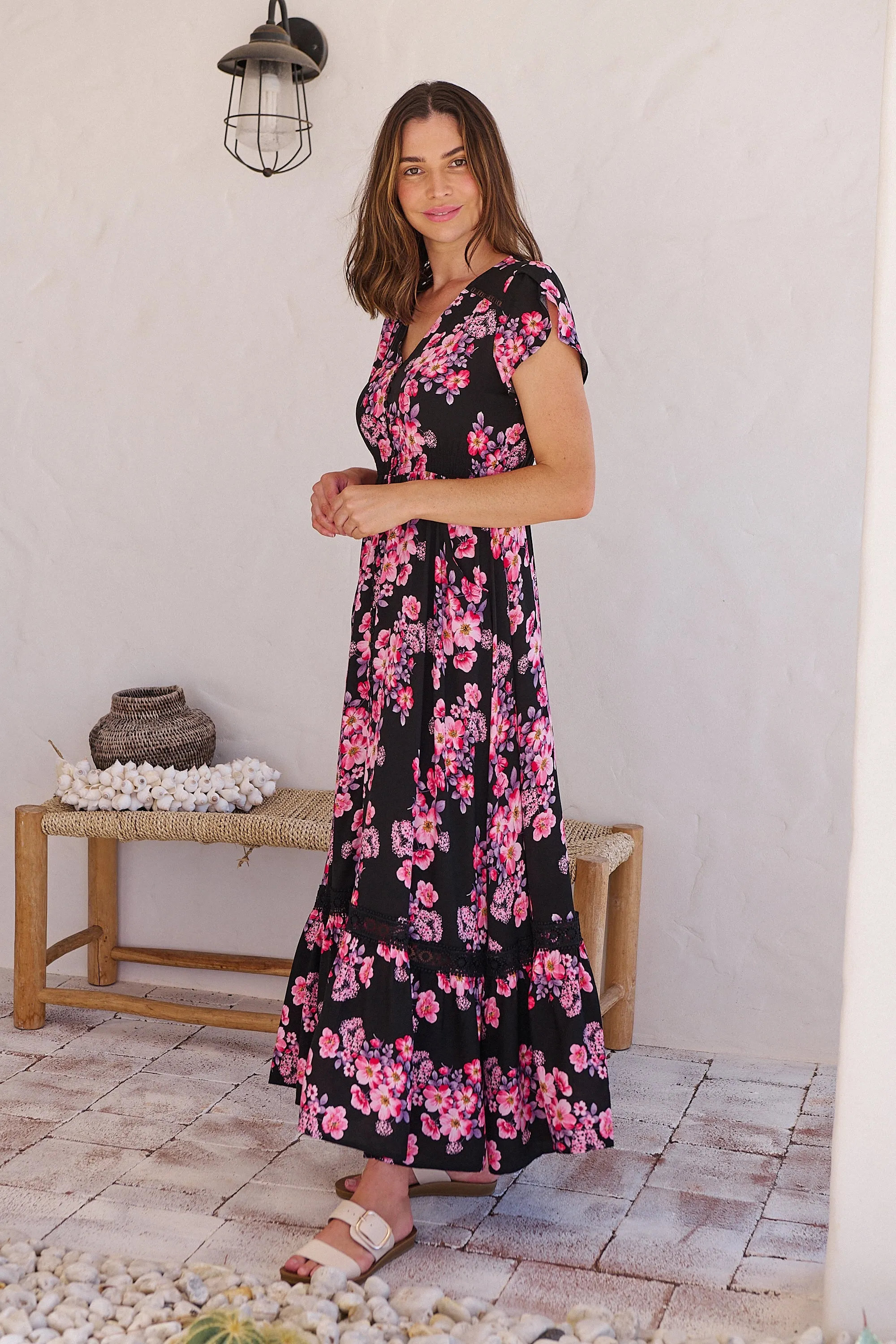 Augustina Black/HOT Pink Floral Button Front Maxi Dress