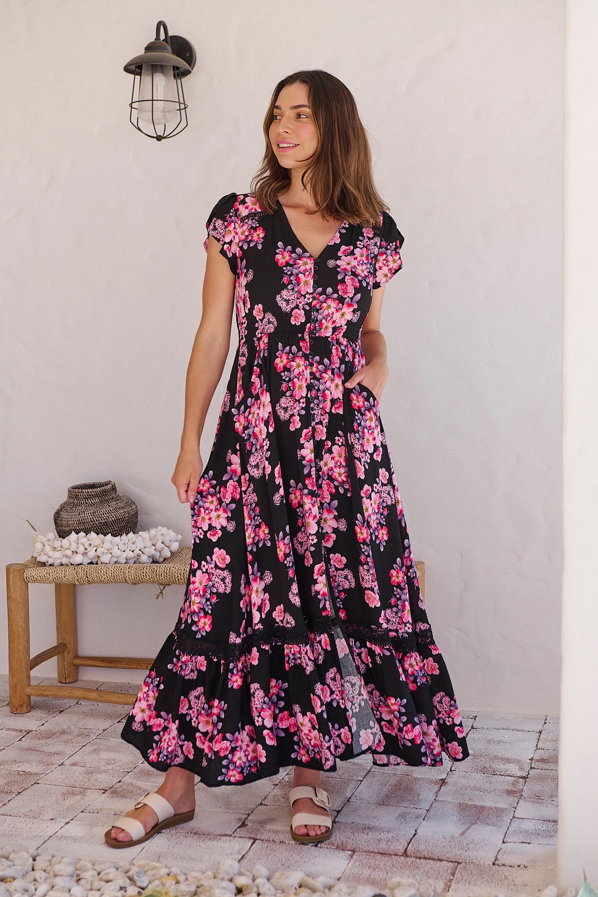 Augustina Black/HOT Pink Floral Button Front Maxi Dress