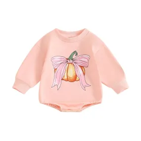 Baby Girls Autumn Fall Pink Bow Pumpkin Onesie Romper