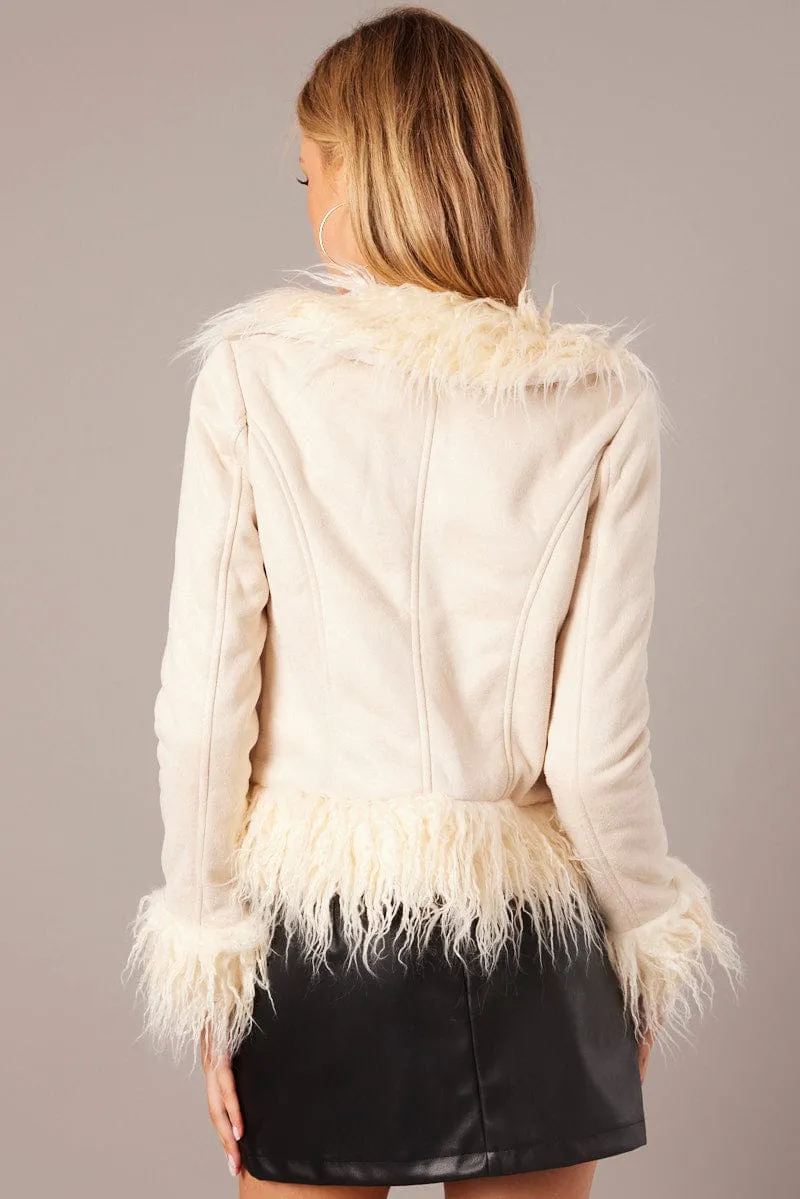 Beige Faux Fur Jacket Long Sleeves