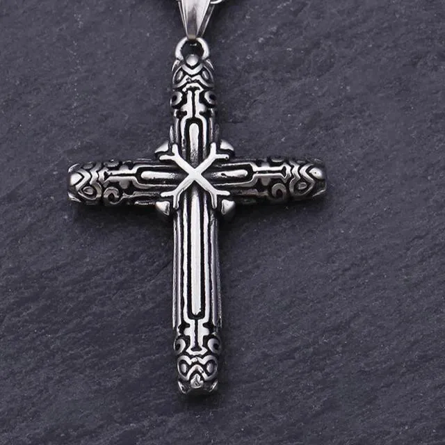 Black and Silver Catholic Cross Pendant with Chain Necklace