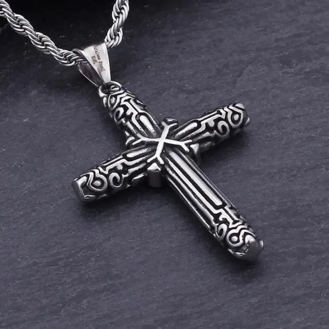 Black and Silver Catholic Cross Pendant with Chain Necklace