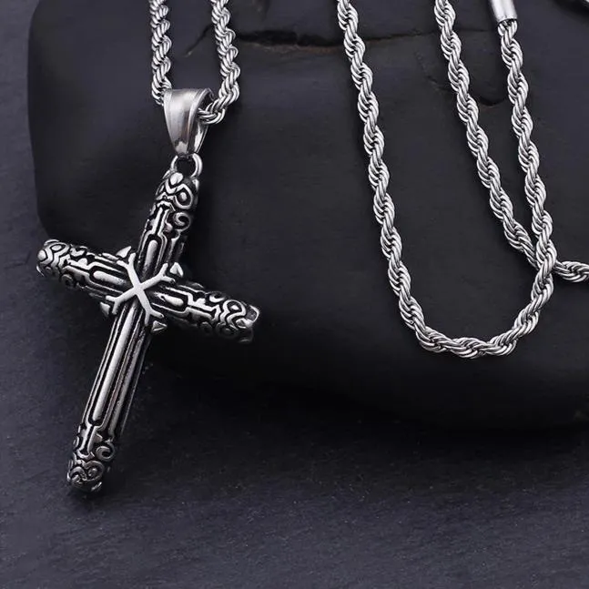 Black and Silver Catholic Cross Pendant with Chain Necklace