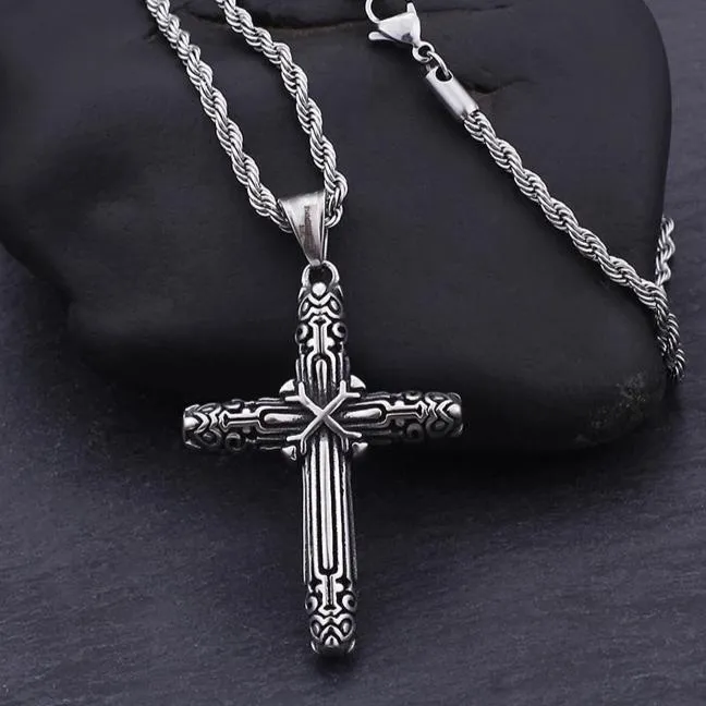 Black and Silver Catholic Cross Pendant with Chain Necklace