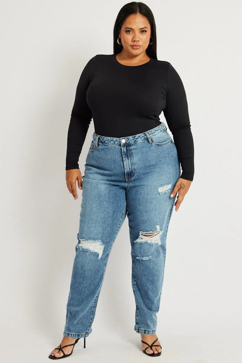 Black Bodysuit Long Sleeve Crew Neck Supersoft