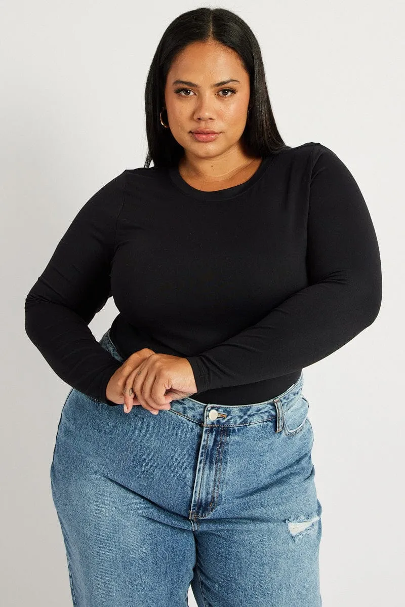 Black Bodysuit Long Sleeve Crew Neck Supersoft