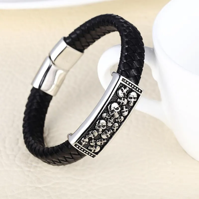 Black Braided Genuine Leather Punk Skulls Bracelet