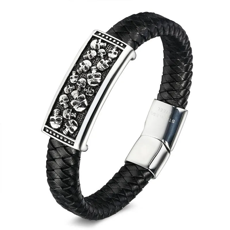 Black Braided Genuine Leather Punk Skulls Bracelet