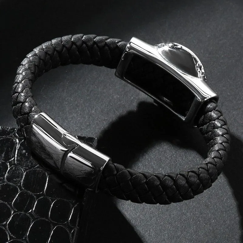 Black Braided Leather Stainless Steel Egyptian Skull Bracelet