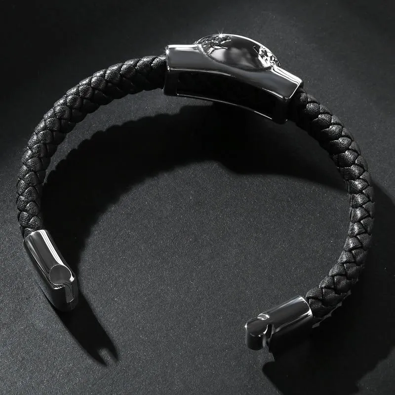 Black Braided Leather Stainless Steel Egyptian Skull Bracelet