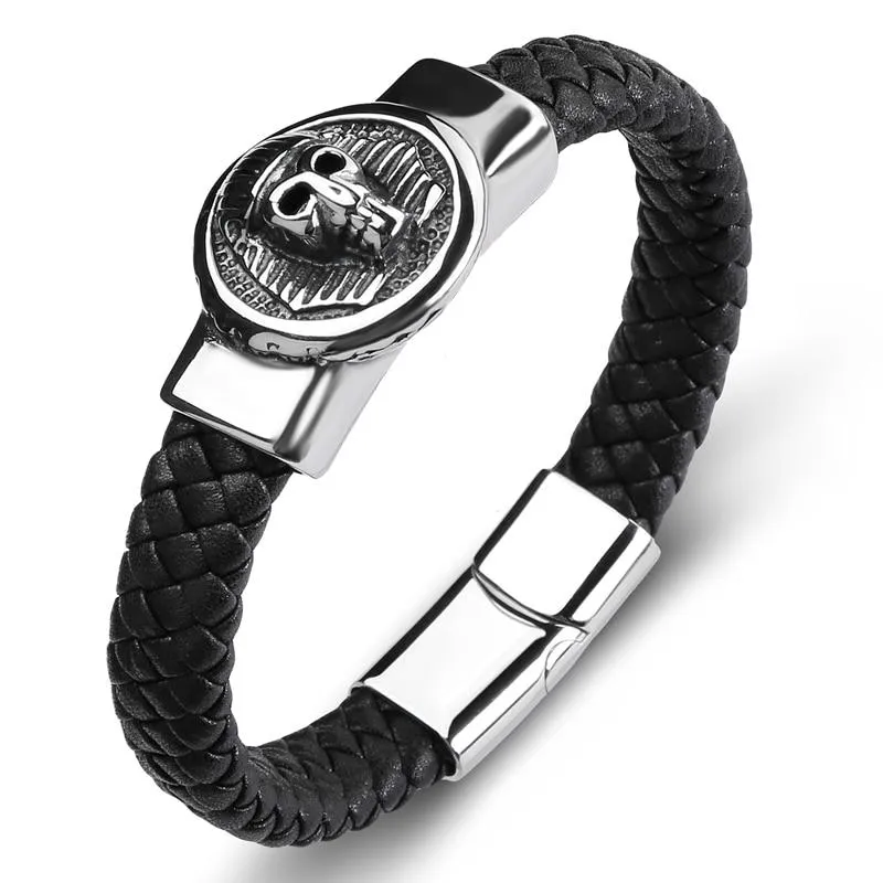 Black Braided Leather Stainless Steel Egyptian Skull Bracelet