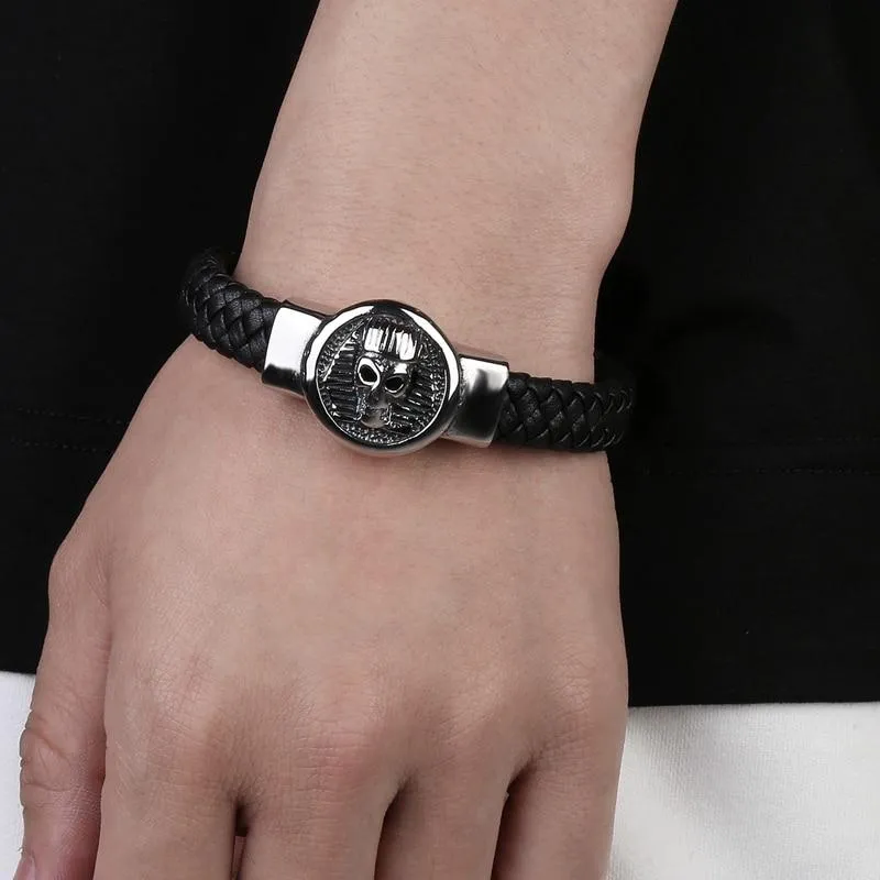 Black Braided Leather Stainless Steel Egyptian Skull Bracelet