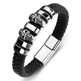 Black Braided Leather Stainless Steel Two Skulls and Beaded Bracelet