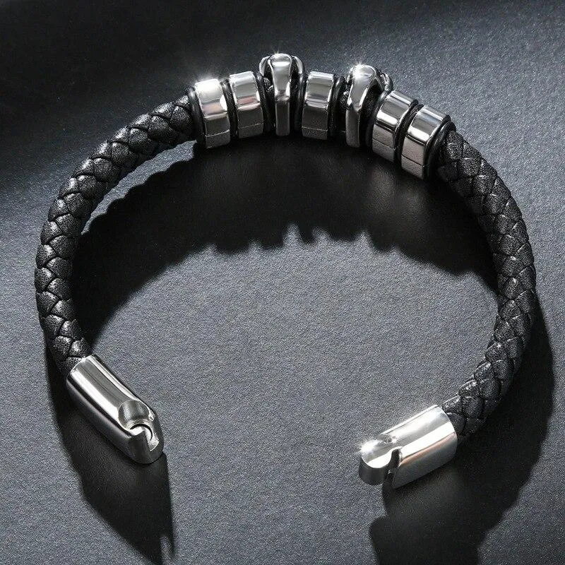 Black Braided Leather Stainless Steel Two Skulls and Beaded Bracelet