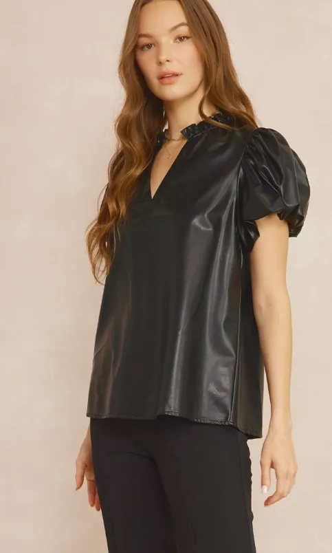 Black Faux Leather Puff Short Sleeve Top