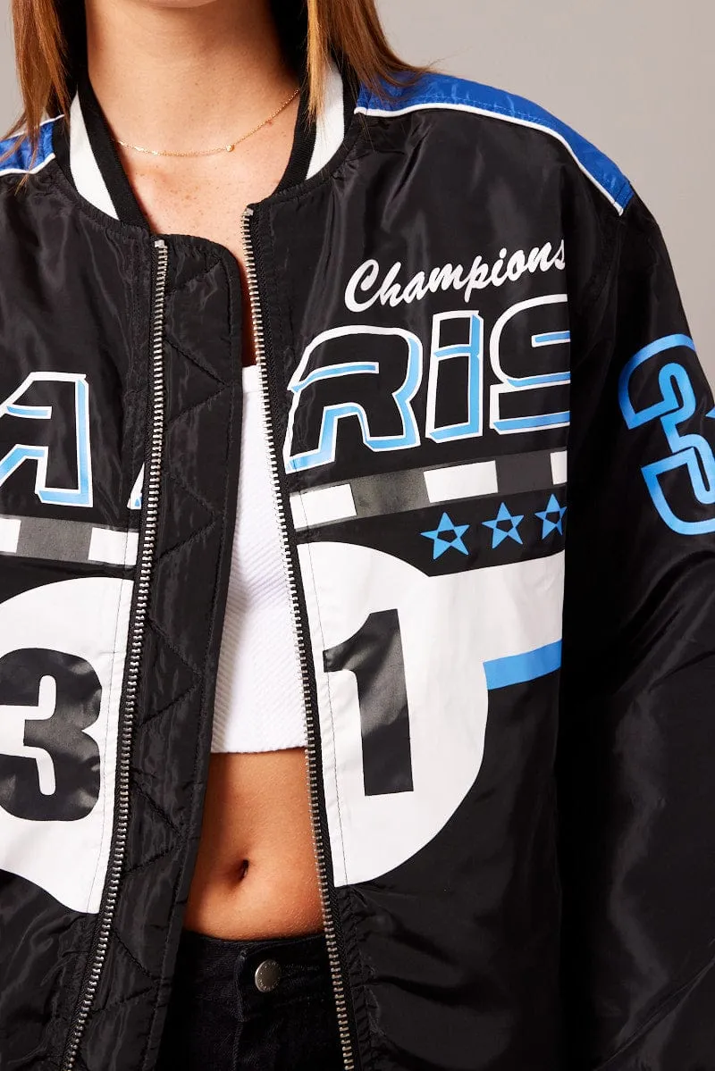 Black Jacket Long Sleeve Zip Thru Champions Print