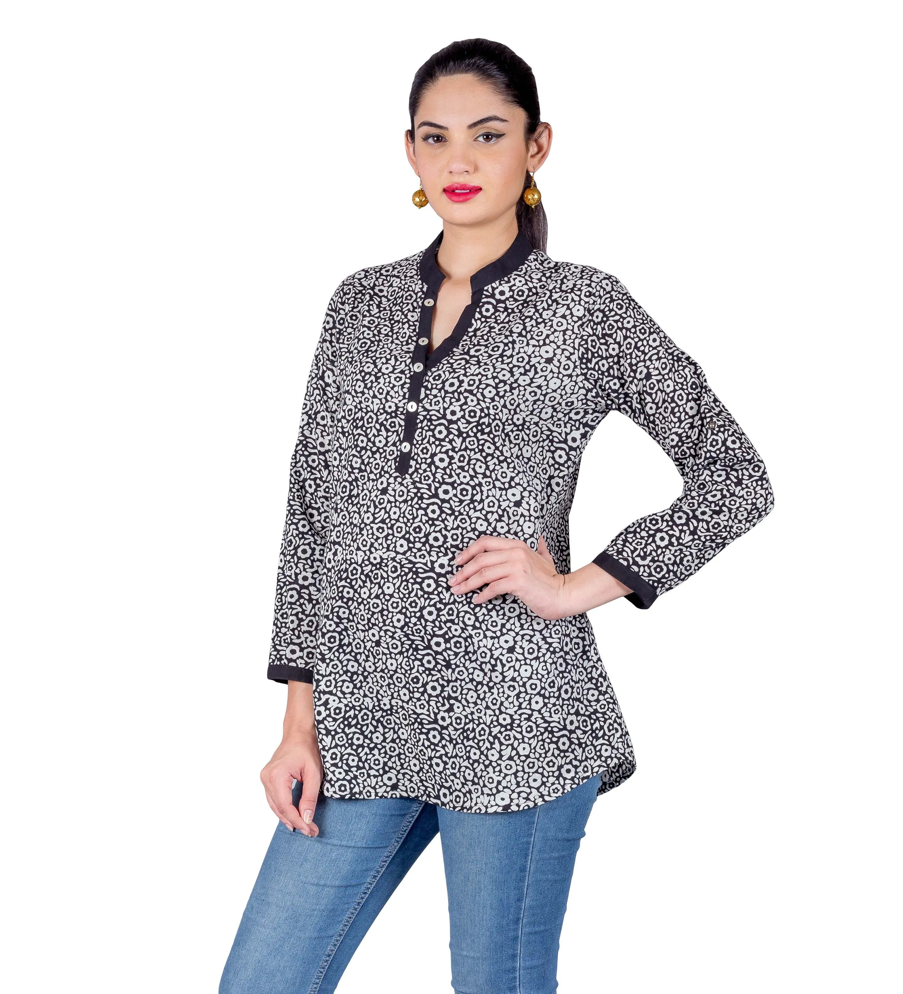 Black White Front Buttoned Floral Hand Block Printed Ethnic Kurti Top