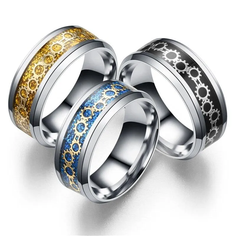 Black/Blue/Gold Stainless Steel with Gear Design Wedding Band