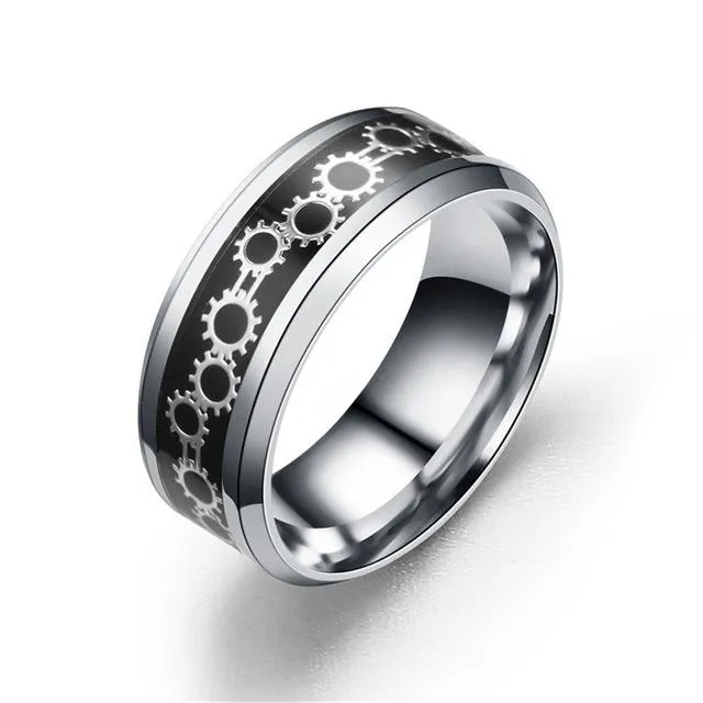 Black/Blue/Gold Stainless Steel with Gear Design Wedding Band