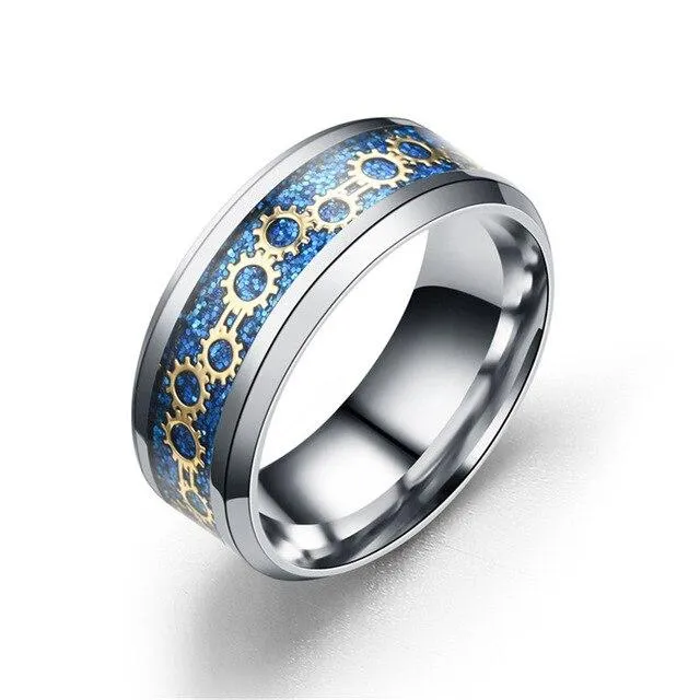 Black/Blue/Gold Stainless Steel with Gear Design Wedding Band