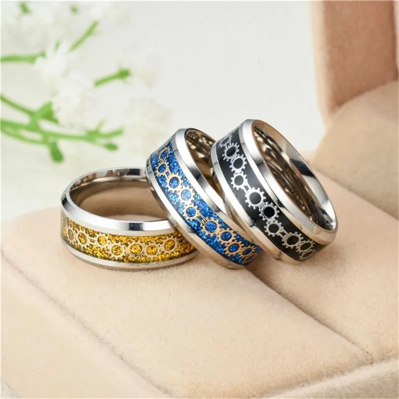 Black/Blue/Gold Stainless Steel with Gear Design Wedding Band