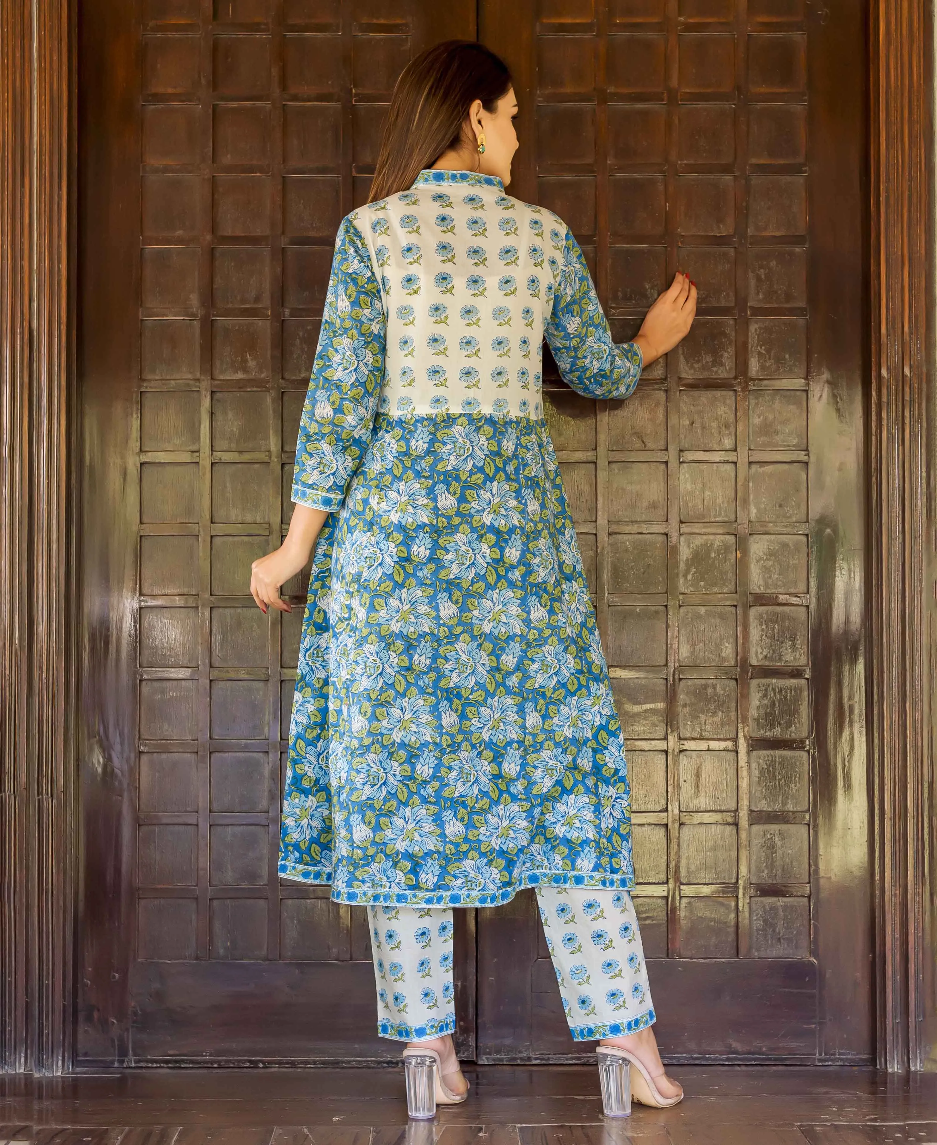 Blue and White Hand Block Printed A-Line Kurta