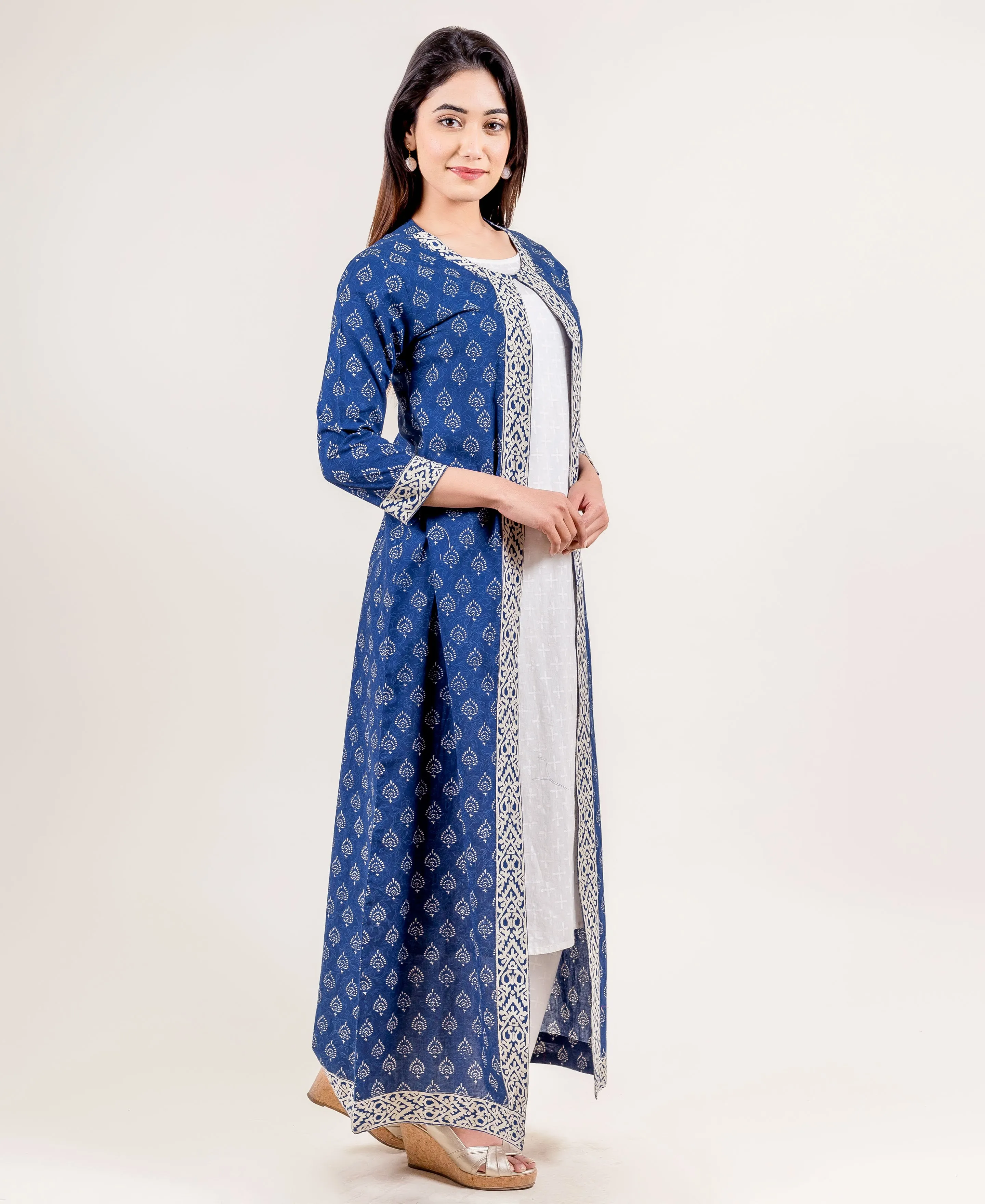 Blue Hand Block Printed Indo Western Dress