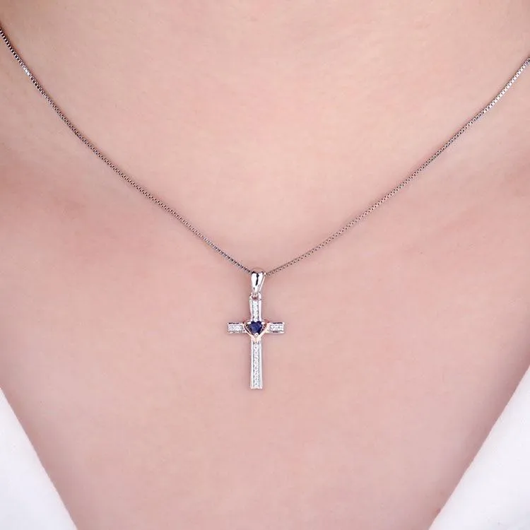 Blue Sapphire Heart Crystal on Silver Cross Pendant and Chain Necklace 925 Sterling Silver