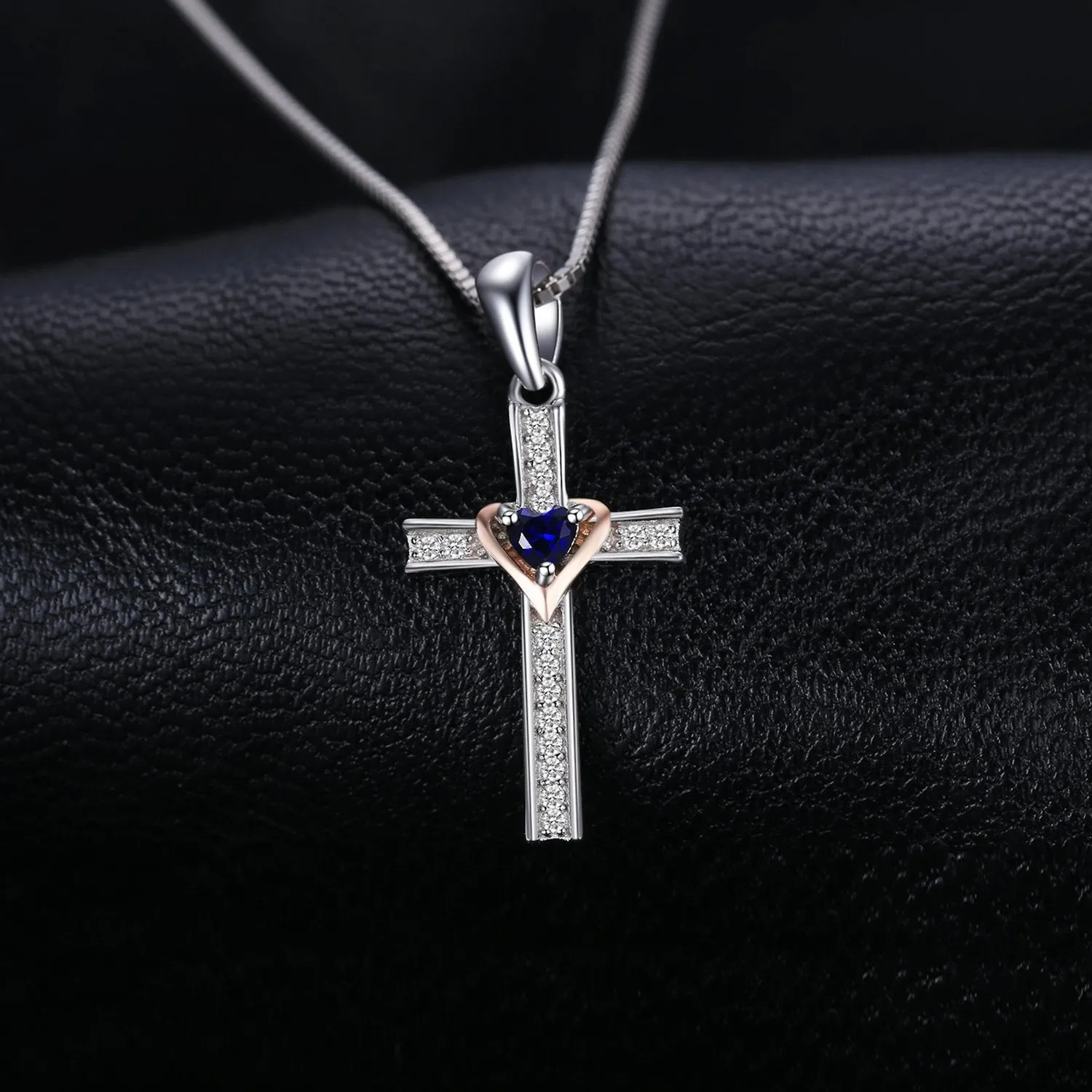 Blue Sapphire Heart Crystal on Silver Cross Pendant and Chain Necklace 925 Sterling Silver