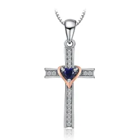 Blue Sapphire Heart Crystal on Silver Cross Pendant and Chain Necklace 925 Sterling Silver