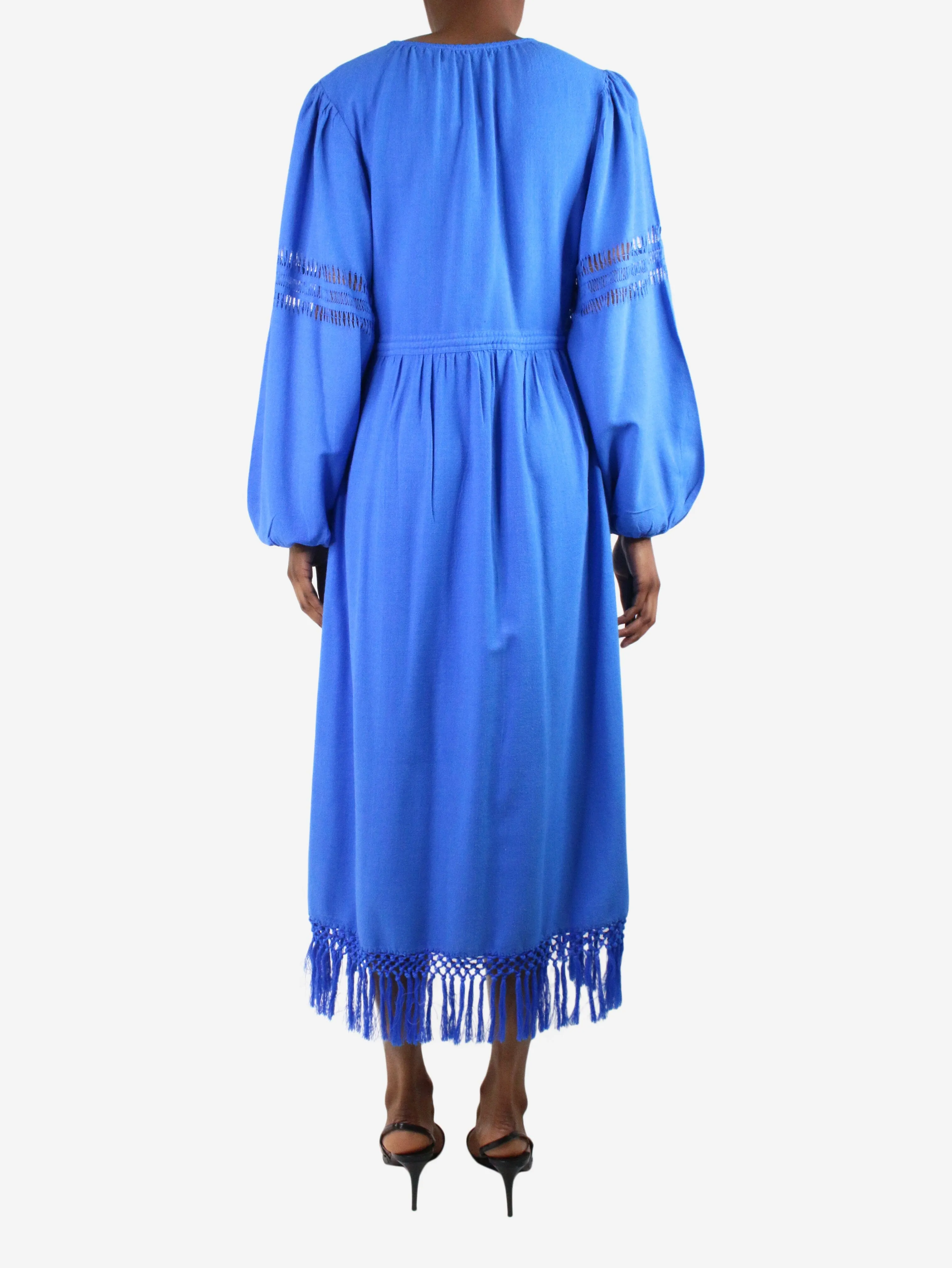 Blue silk puff-sleeved fringed midi dress - size UK 6