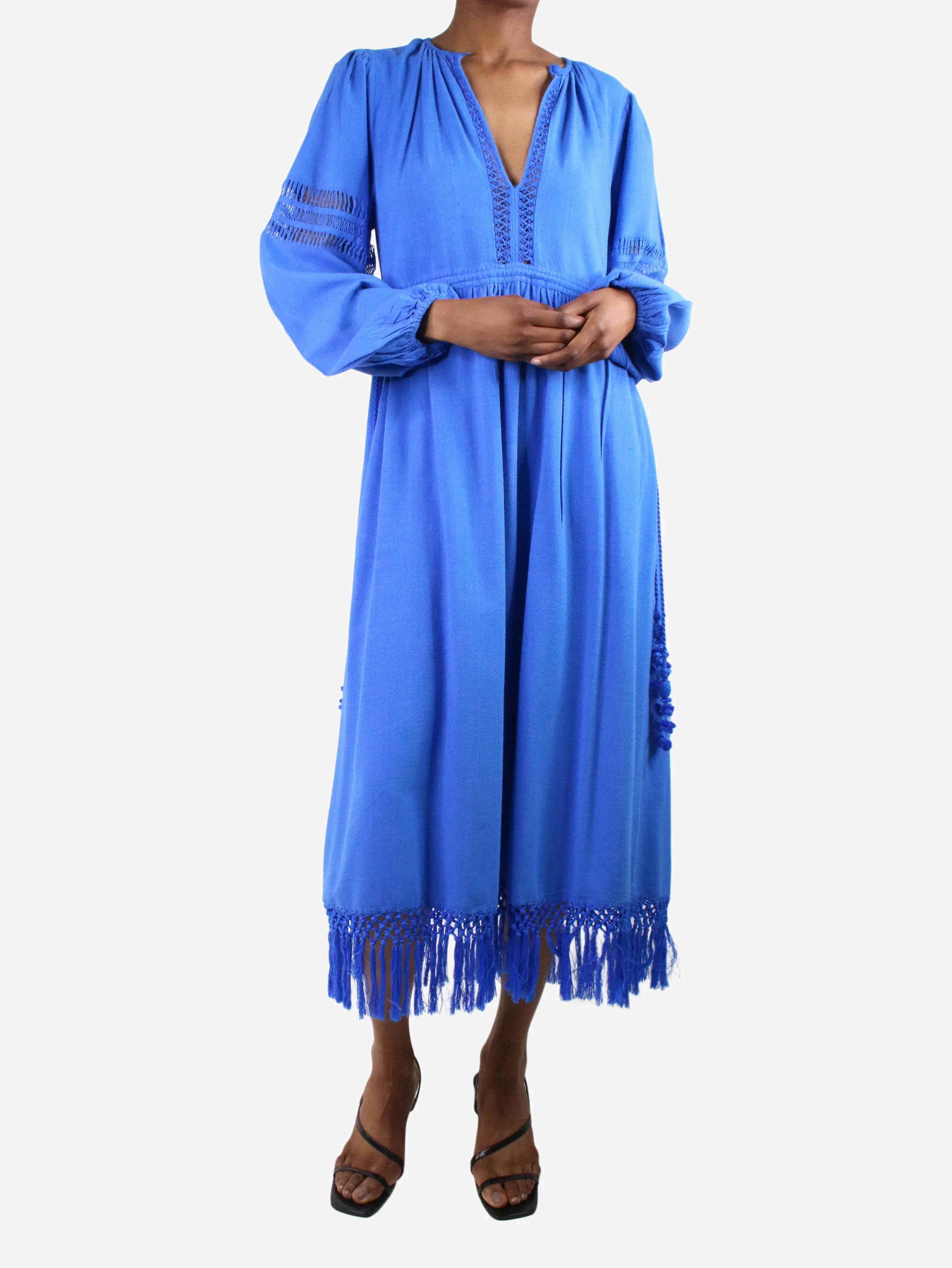 Blue silk puff-sleeved fringed midi dress - size UK 6